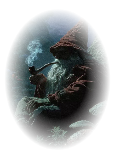 A wizard with a pipe, sitting among mushrooms